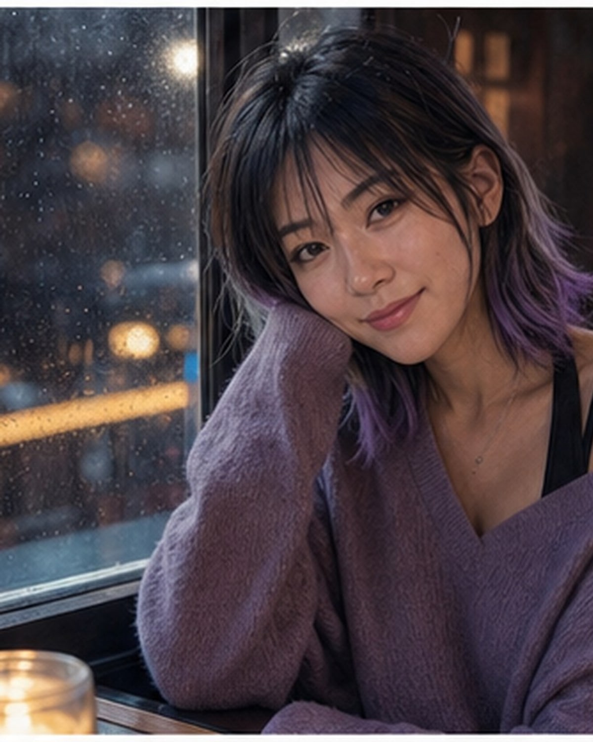 Yumi by a rain-lit window in a neon gaming lounge